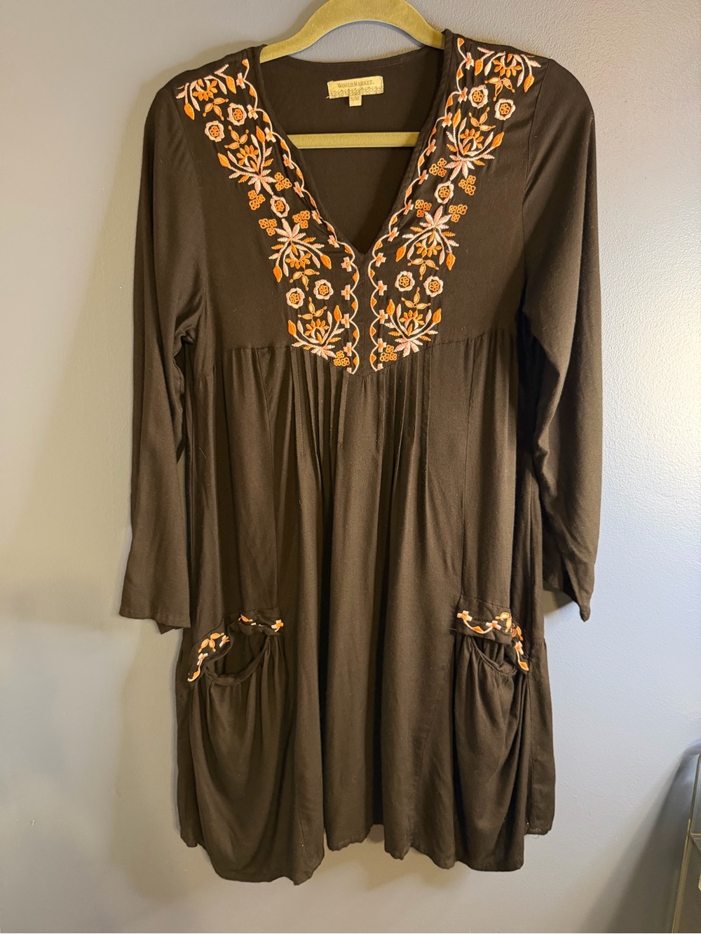 World Market Black Tunic Dress with Orange Floral Embroidery Small/Medium